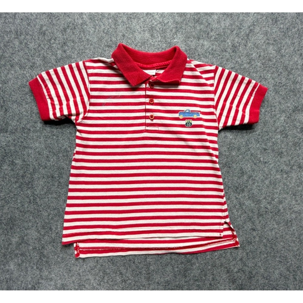 Vintage Toddler Boys Red White Striped Polo Shirt Truck Graphic Size 3T Made USA